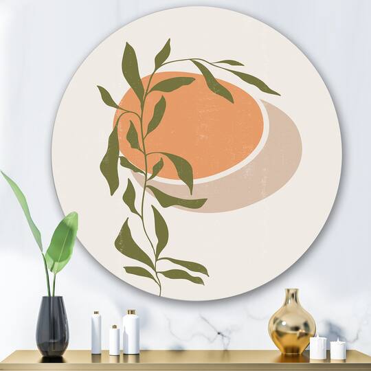 Designart - Abstract Orange Sun and Moon With Tropical Leaf - Modern Metal Circle Wall Art